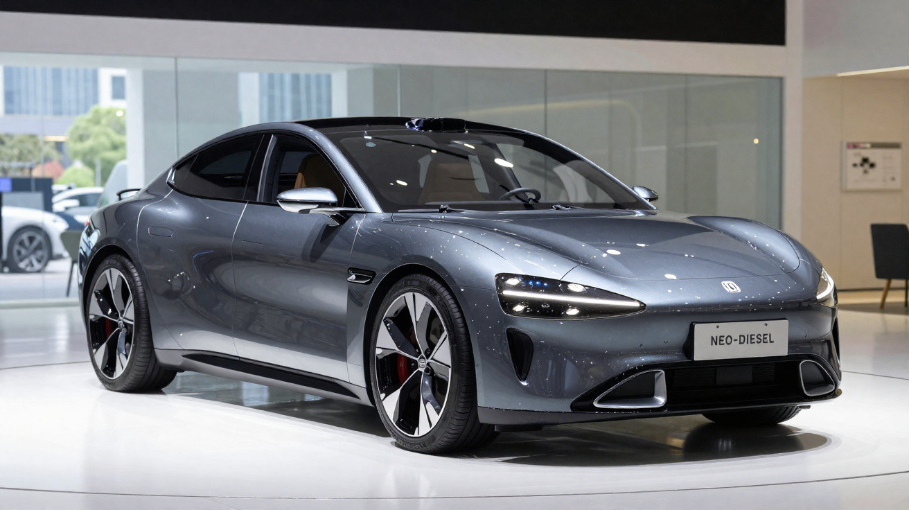 Carro esportivo cinza metálico estacionado em ambiente interno com design moderno e rodas largas.