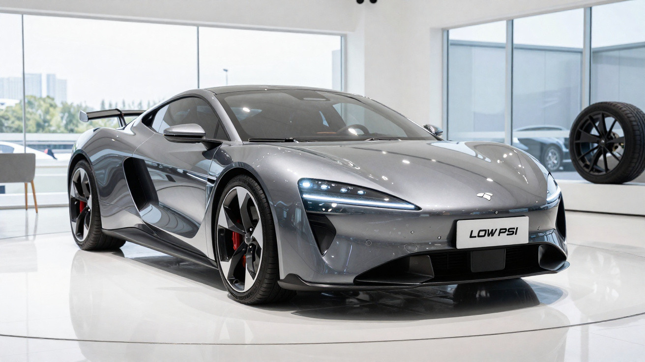 Carro esportivo cinza metálico com faróis LED e placa "LOW PSI" em showroom moderno e iluminado.