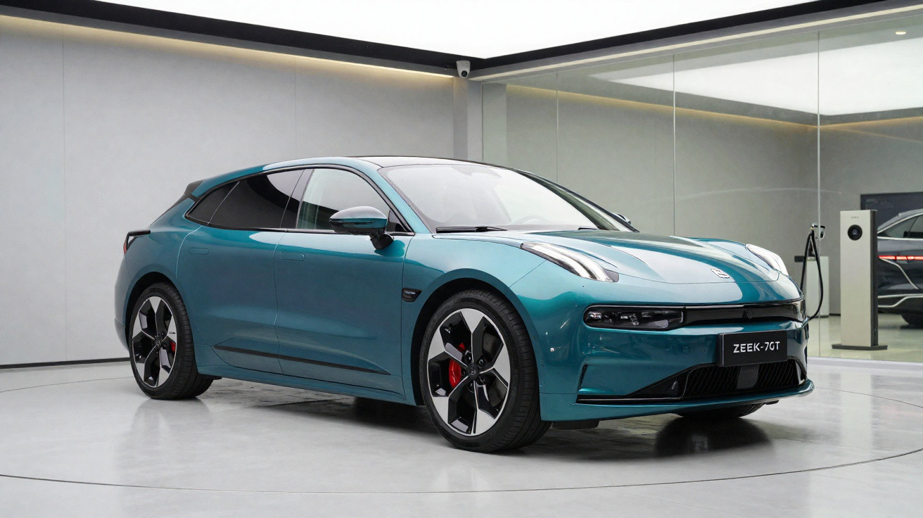 Carro elétrico azul Zeekr 007GT em exposição dentro de showroom moderno com paredes espelhadas.