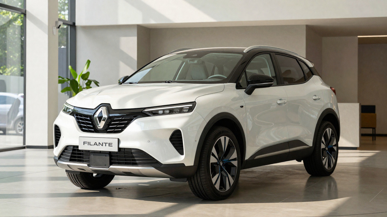 Carro branco Renault Filante estacionado em showroom com design moderno e teto preto contrastante.