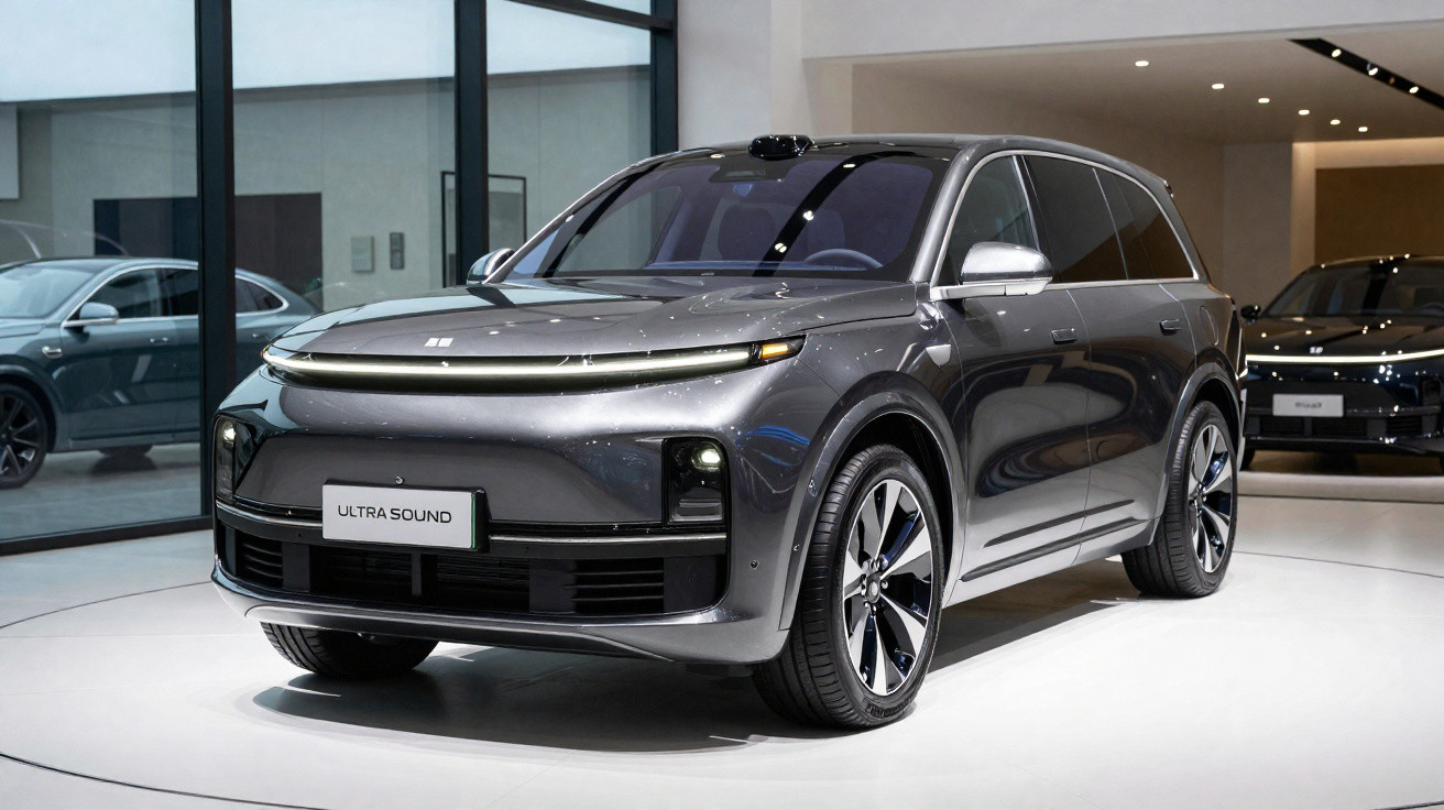 SUV cinza metálico elétrico Ultra Sound exposto em mostra de carros em ambiente interno moderno.