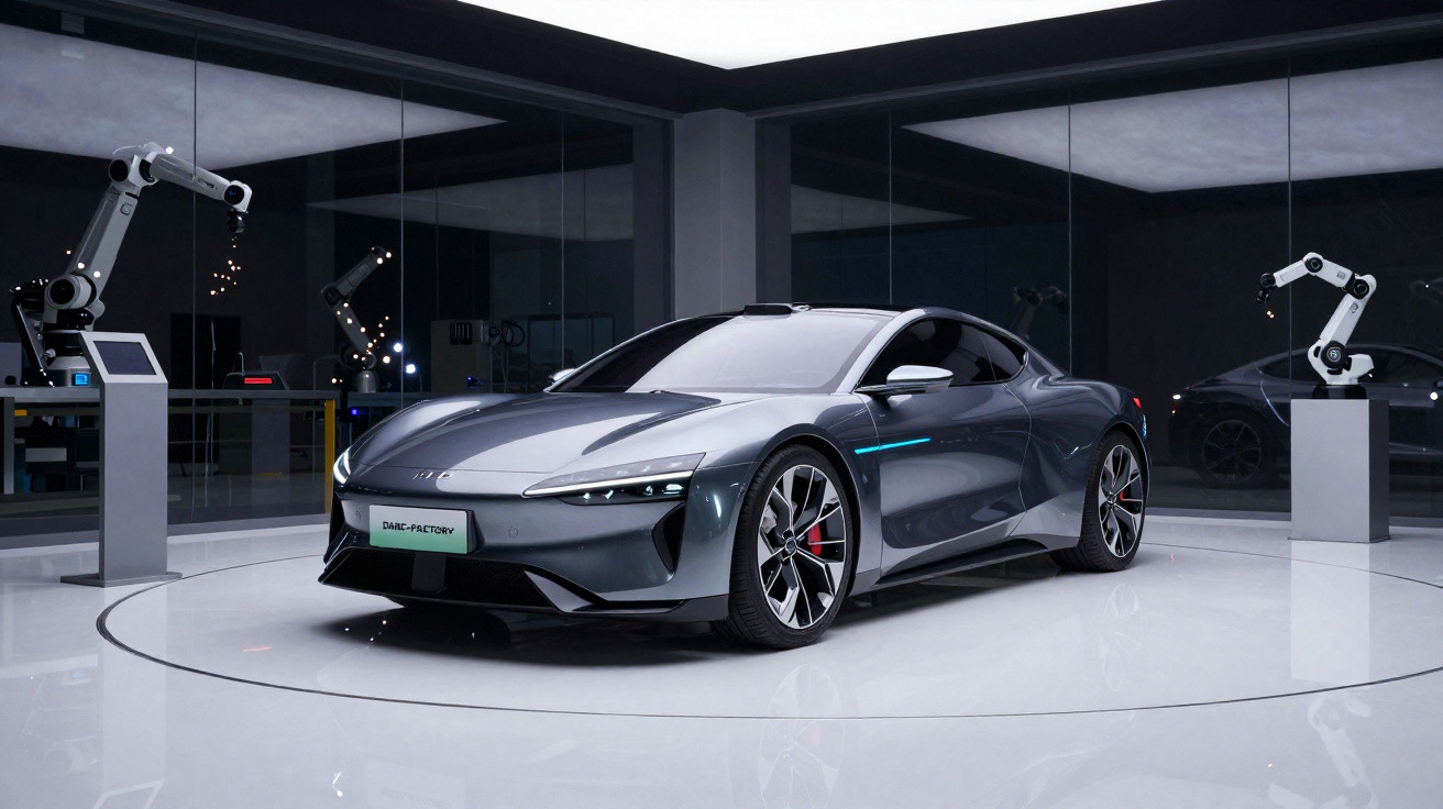 Carro esportivo elétrico prata em ambiente industrial moderno com braços robóticos ao fundo.