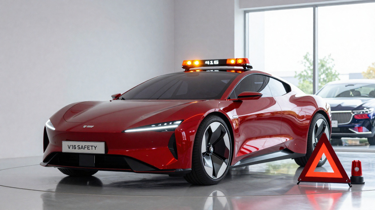 Carro esportivo vermelho com luzes de emergência V16 Safety em showroom, ao lado de triângulo de sinalização.
