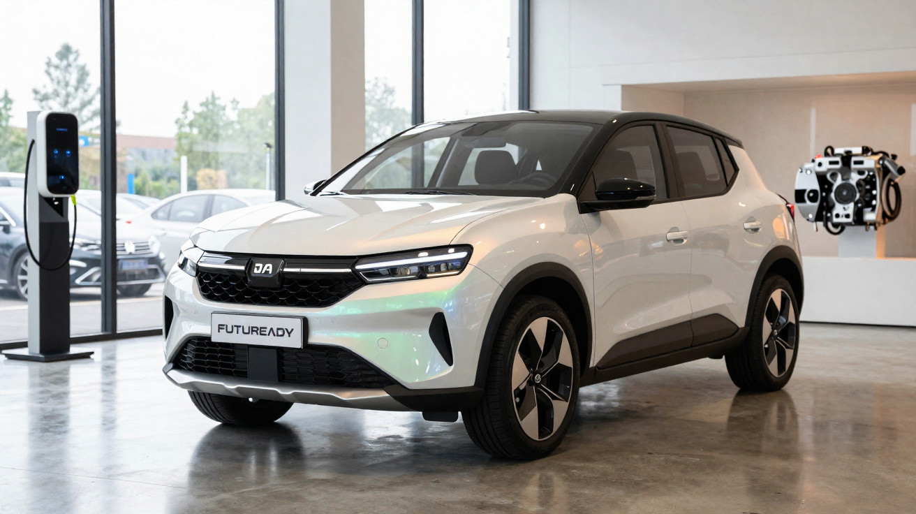 Carro elétrico branco com teto preto estacionado em ambiente interno moderno com piso de cimento.