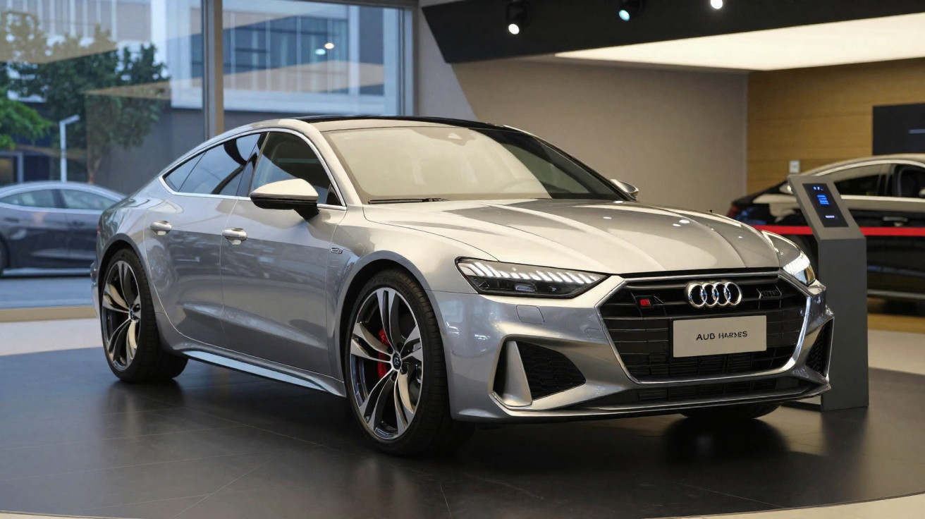 Audi cinza prata exposto em showroom moderno com rodas esportivas e design aerodinâmico.