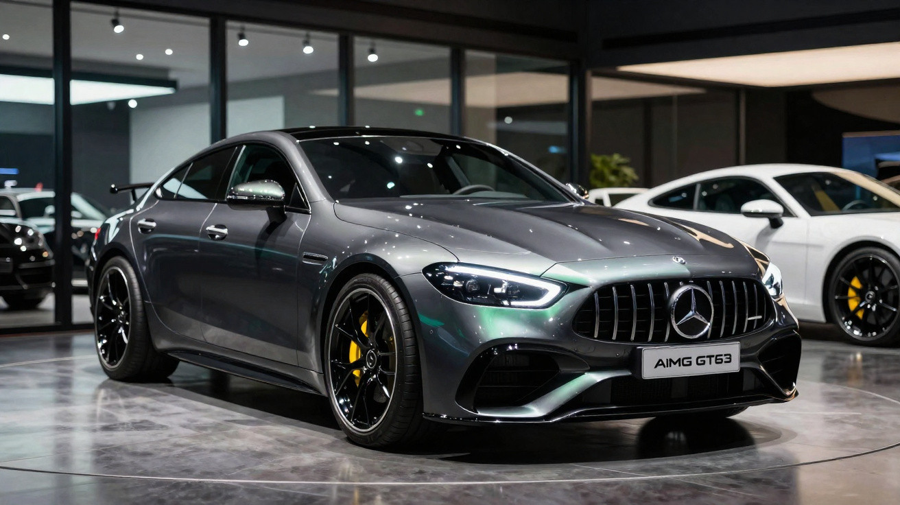 Carro esportivo Mercedes-AMG GT63 cinza escuro exibido em showroom moderno e iluminado.