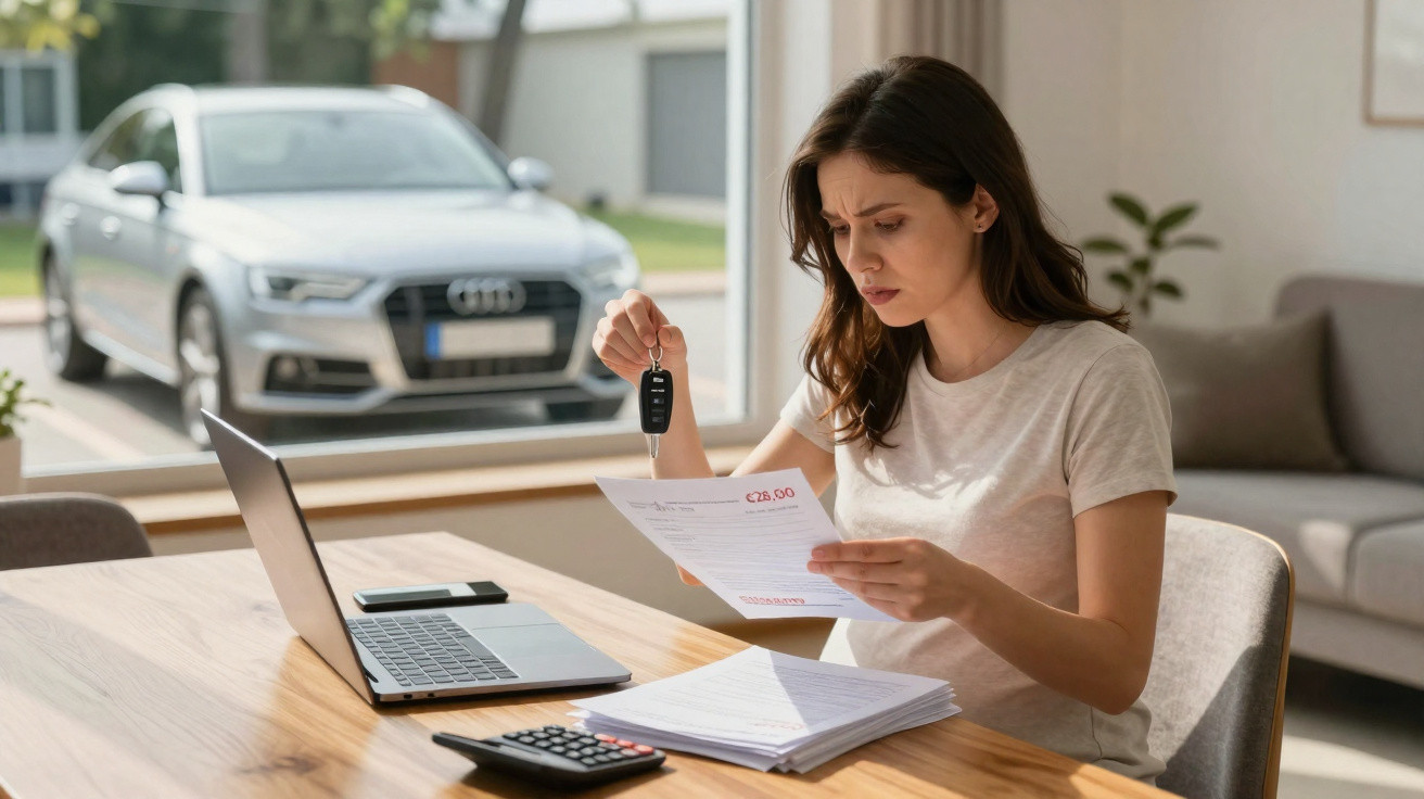 Mulher preocupada analisando conta de carro sentada à mesa com chave, laptop e calculadora à sua frente.