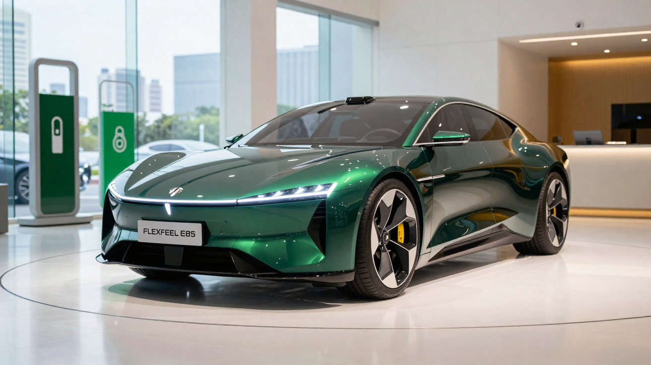 Carro elétrico esportivo verde escuro modelo Flexfeel E85 em exposição interna moderna.