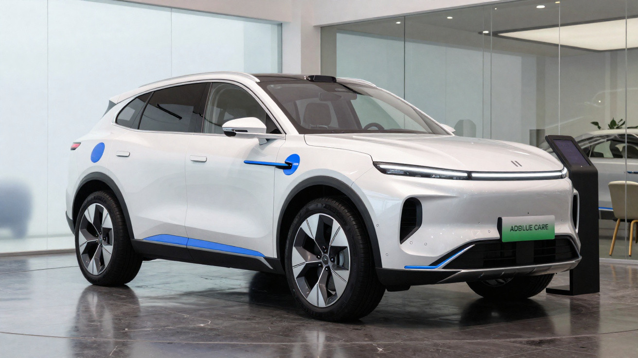 Carro elétrico branco estacionado em espaço interno moderno, com detalhes azuis e placa verde na frente.