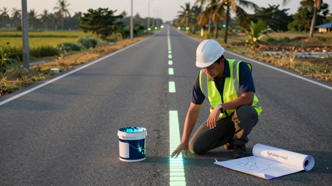 Homem com colete e capacete branco pinta linhas brancas no meio de estrada asfaltada à luz do dia.