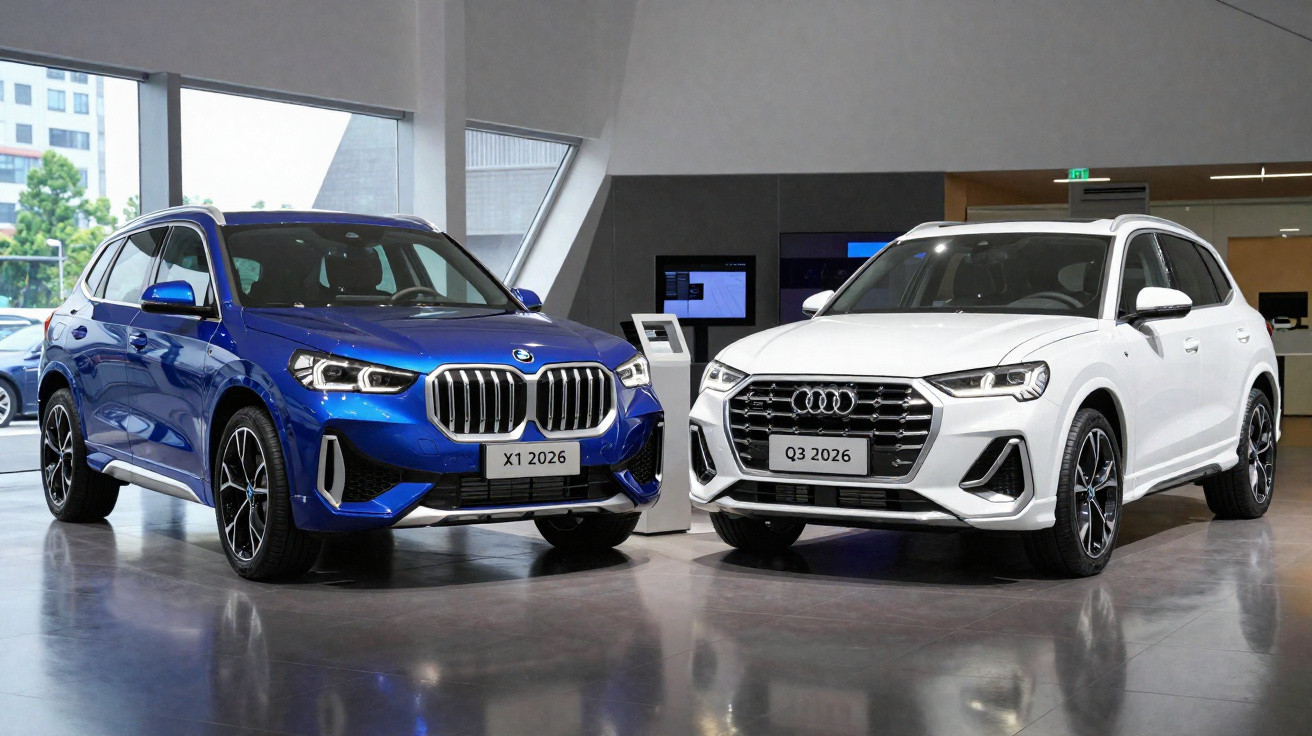 Dois SUVs novos em showroom, BMW X1 azul e Audi Q3 branco, ambos modelos 2026 lado a lado.