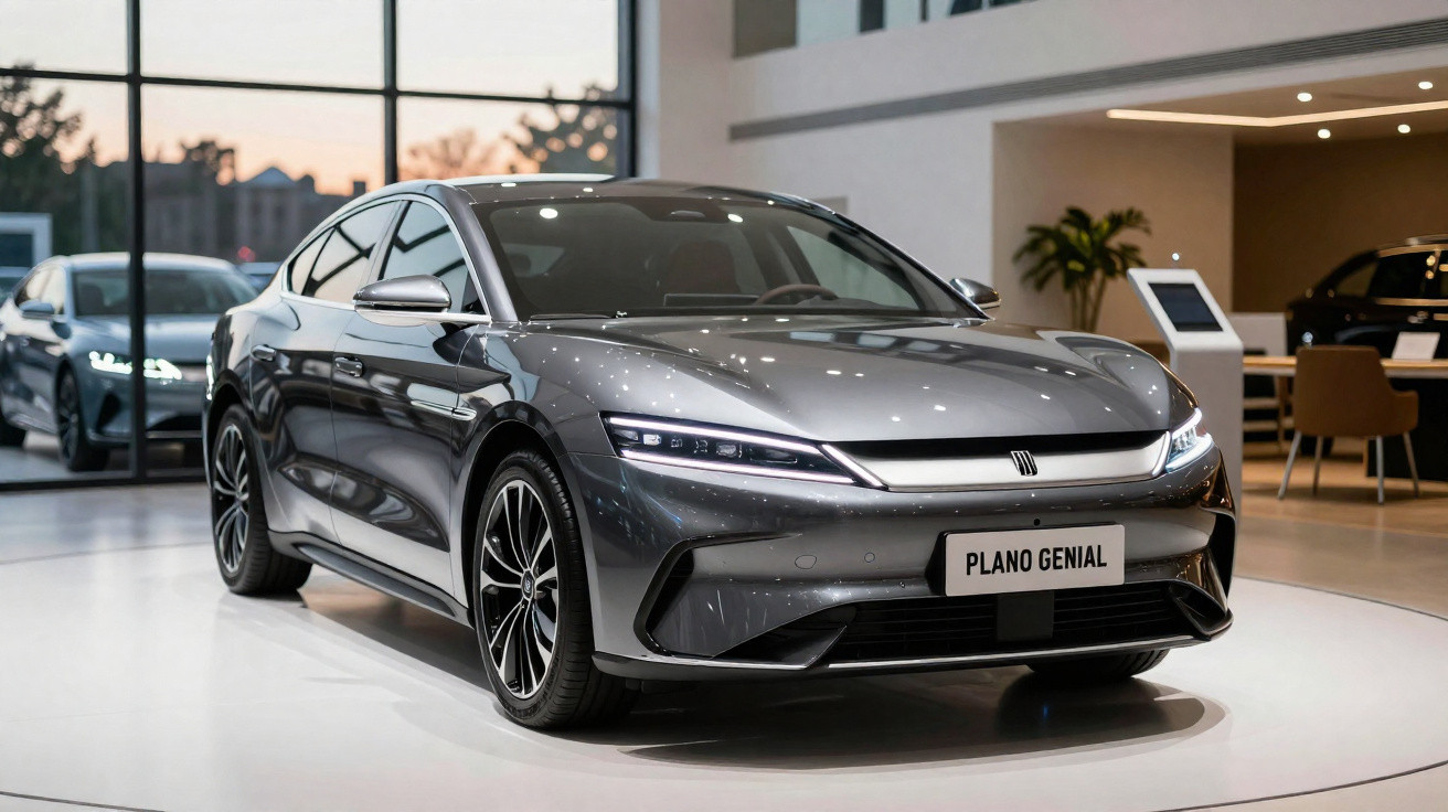 Carro cinza moderno em exposição interna com placa escrita "Plano Genial" em destaque frontal.