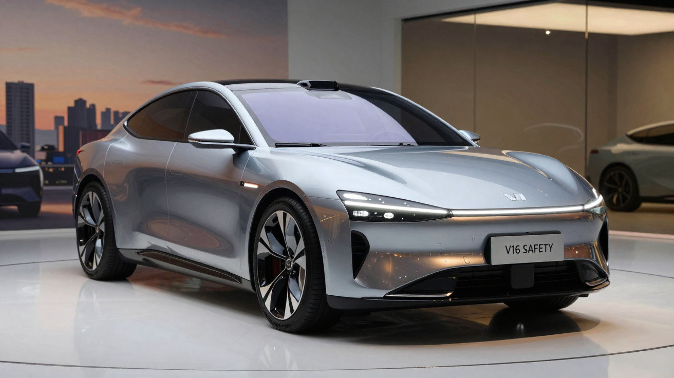 Carro elétrico cinza prata moderno em exposição com luzes acesas ao entardecer em ambiente urbano.
