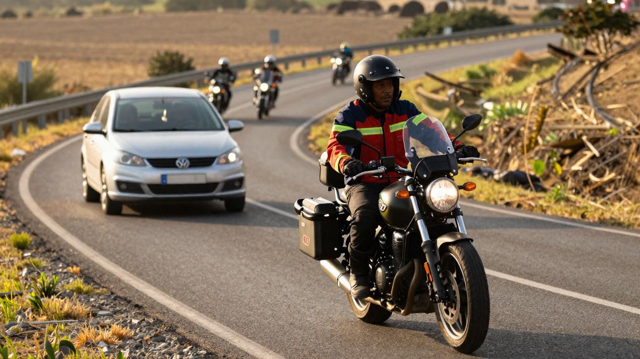 Motociclista com capacete e jaqueta colorida lidera grupo em estrada curva sob luz do pôr do sol.
