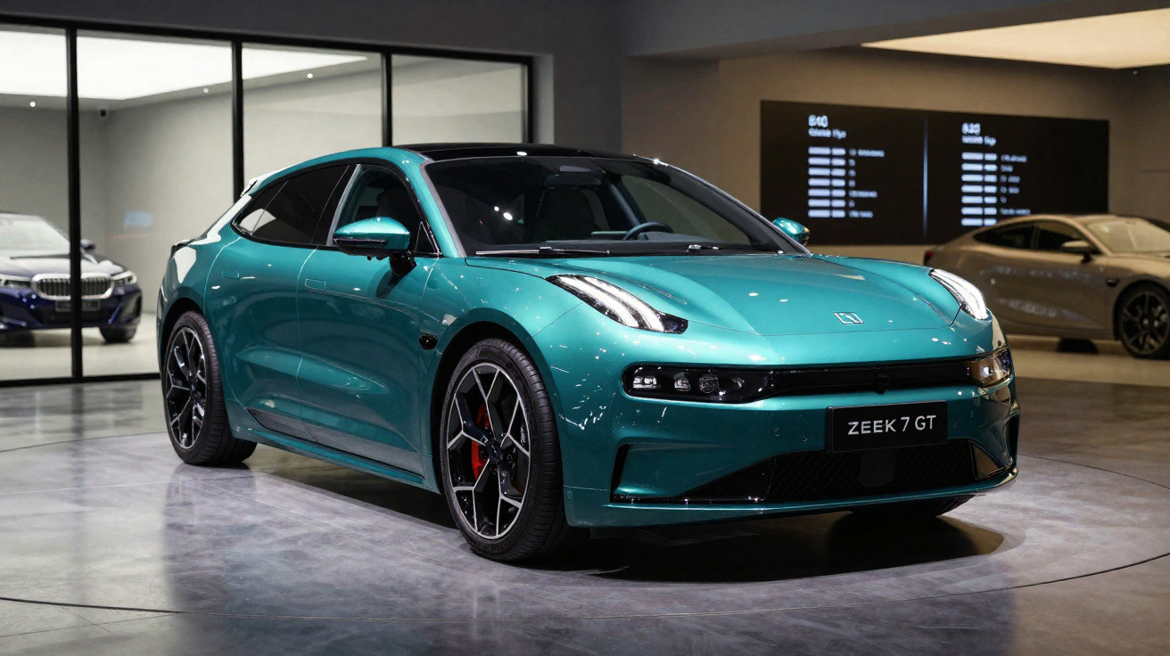 Carro esportivo elétrico verde Zeek 7 GT em exposição interna moderna.