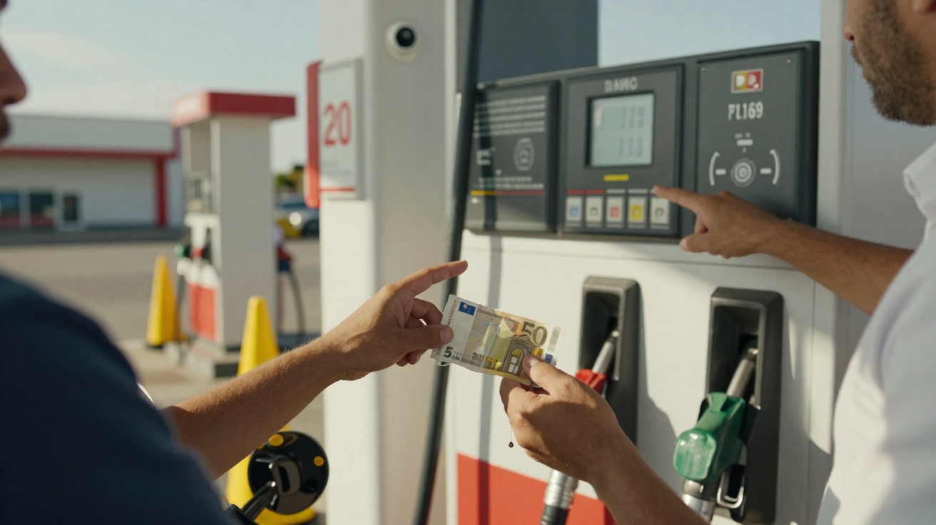 Duas pessoas em posto de combustível, uma segurando nota de 50 euros e outra operando a bomba de gasolina.