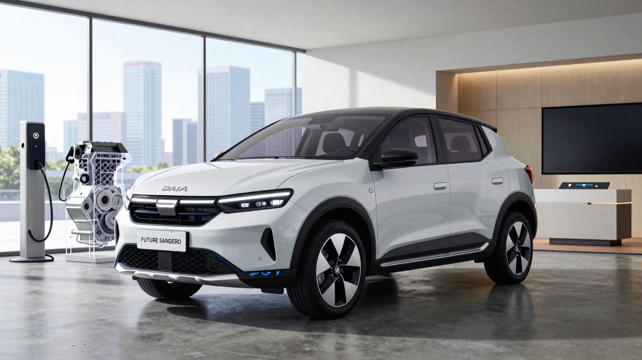 Carro elétrico branco Dacia Future Sandero estacionado em showroom moderno com parede de vidro e motor exposto.