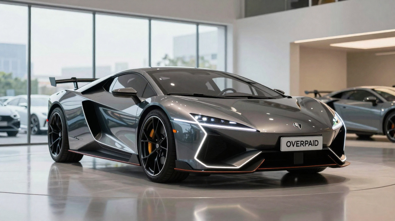 Carro esportivo cinza metálico com design futurista em showroom moderno e iluminação natural.