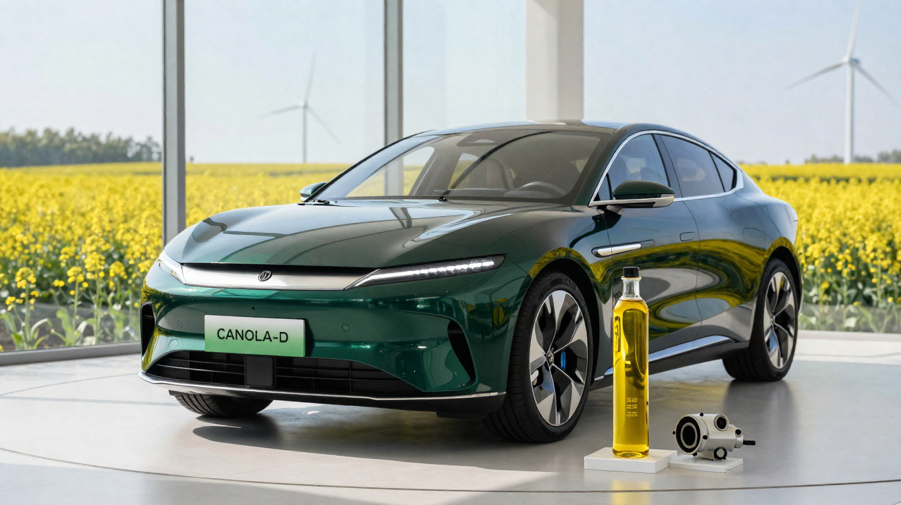 Carro elétrico verde Canola-D exposto em ambiente moderno com garrafa de óleo e campo de flores amarelas ao fundo.