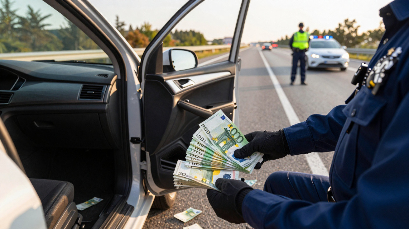 Policial segurando maço de euros na estrada com carro parado e outro com luzes piscando ao fundo.