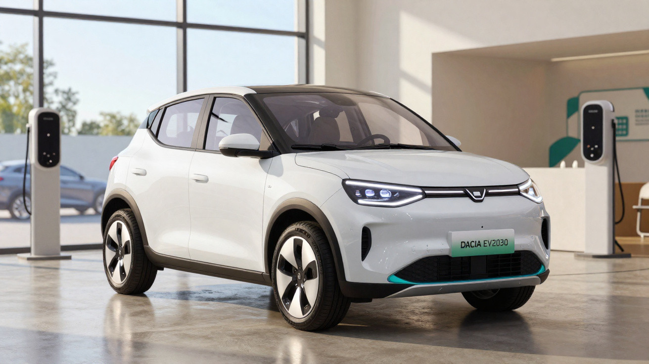 Carro elétrico branco Dacia EV2030 em showroom, com luzes LED acesas e estações de carregamento ao fundo.