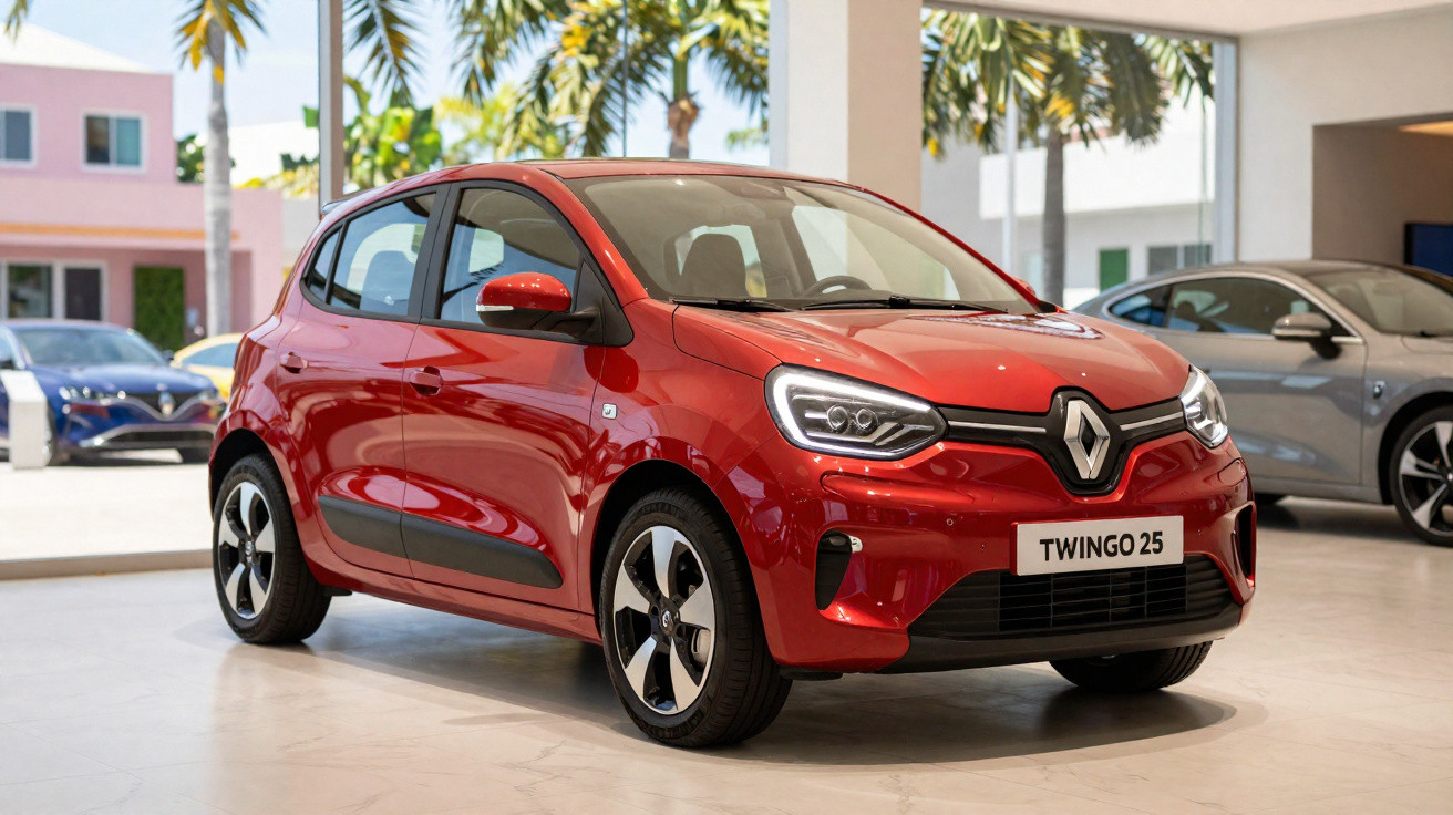 Carro vermelho Renault Twingo 25 exposto em showroom com plantas e outros carros ao fundo.