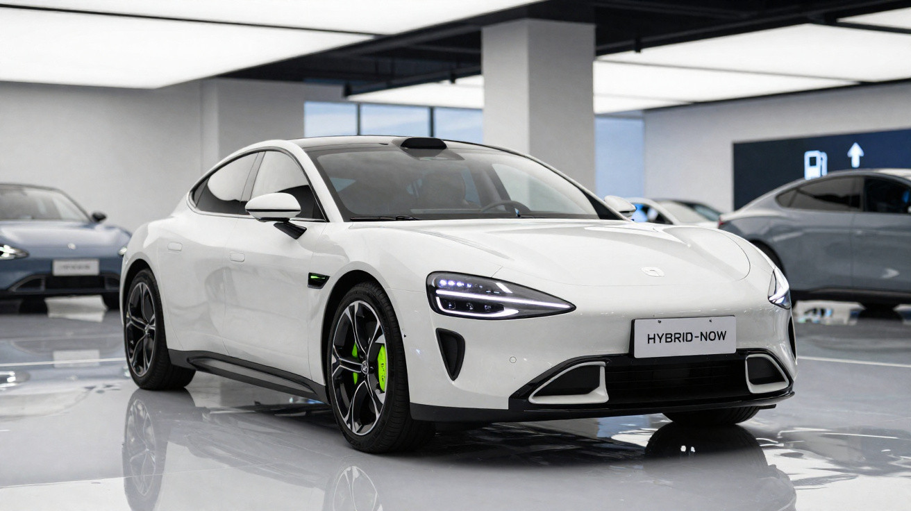 Carro esportivo branco híbrido estacionado em showroom moderno com piso brilhante refletindo o veículo.