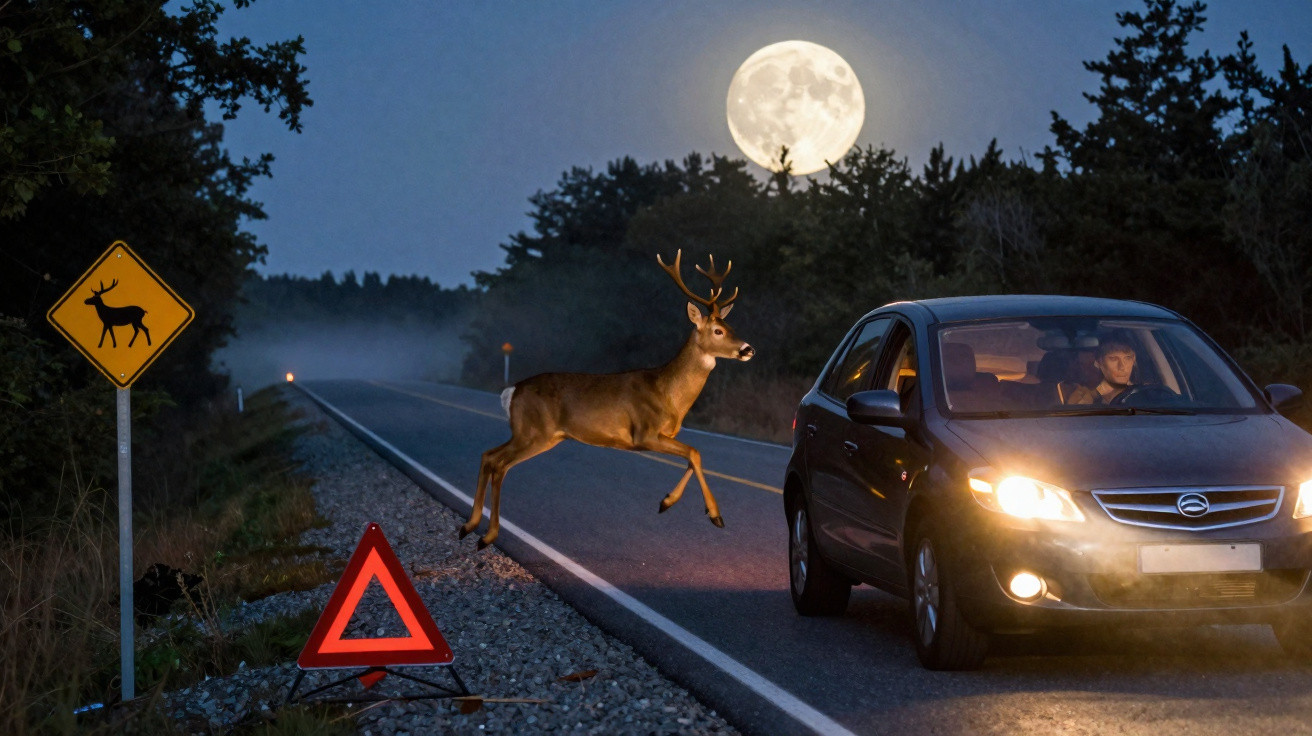 Veado cruzando estrada à noite iluminado pelo farol de carro e pela lua cheia no céu.