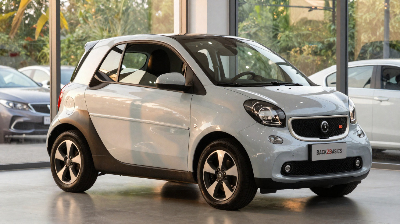 Carro compacto branco estacionado dentro de showroom com janelas grandes e luz natural.