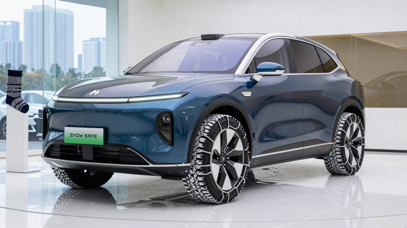 SUV azul elétrico estacionado em ambiente interno com pneus de neve e placa "SNOW SAFE"
