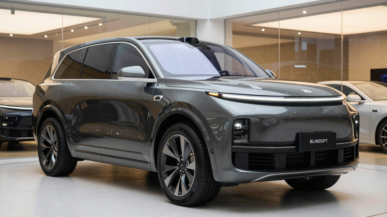 SUV elétrico cinza estacionado em showroom moderno com outras viaturas ao fundo.