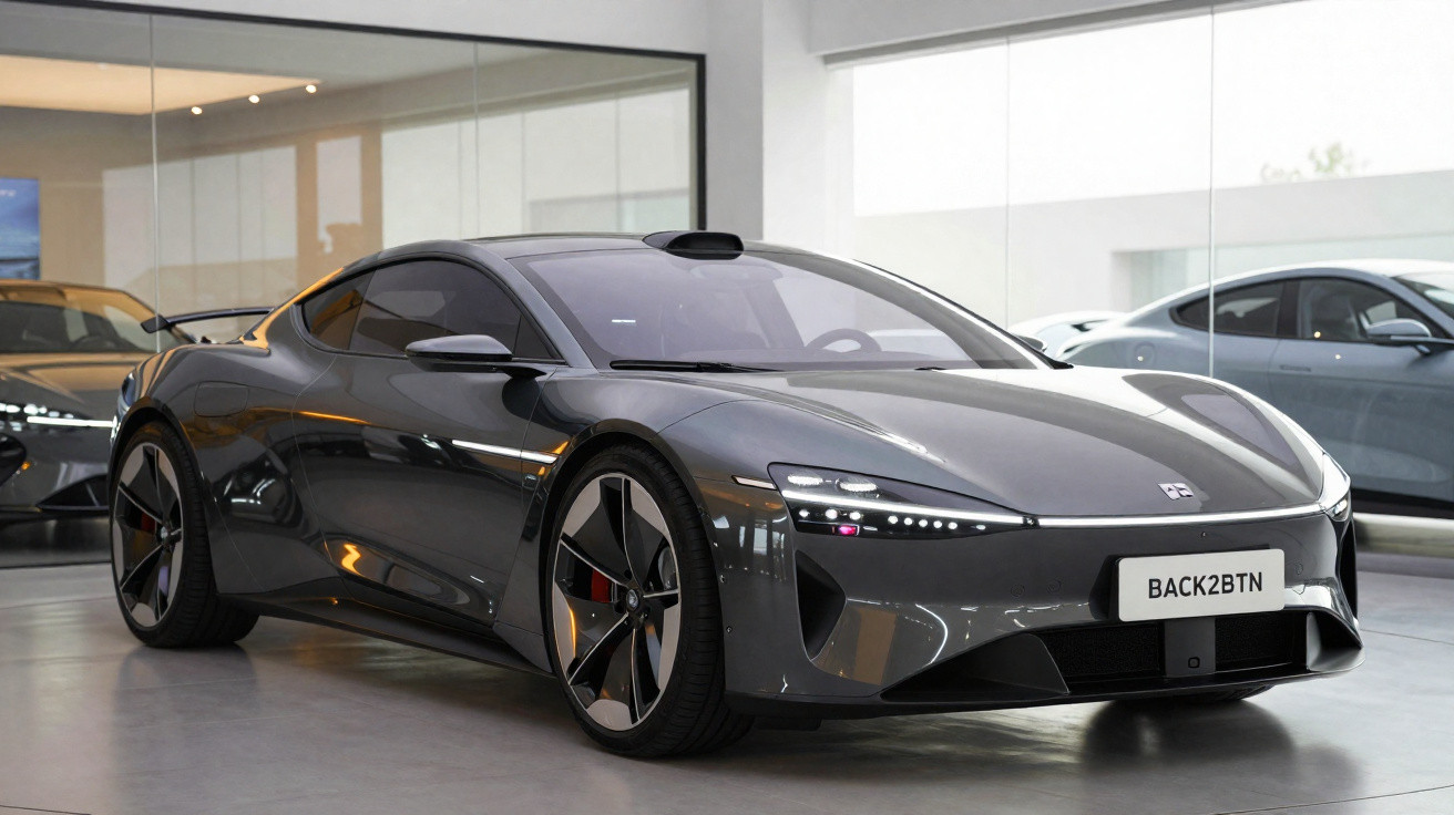 Carro esportivo elétrico cinza escuro estacionado dentro de showroom moderno e iluminado.