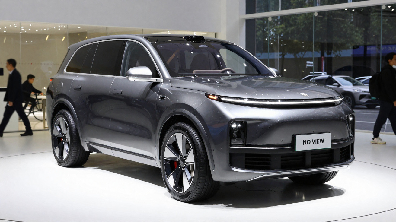 Carro SUV elétrico cinza metálico exposto em salão automotivo com design moderno e faróis finos.