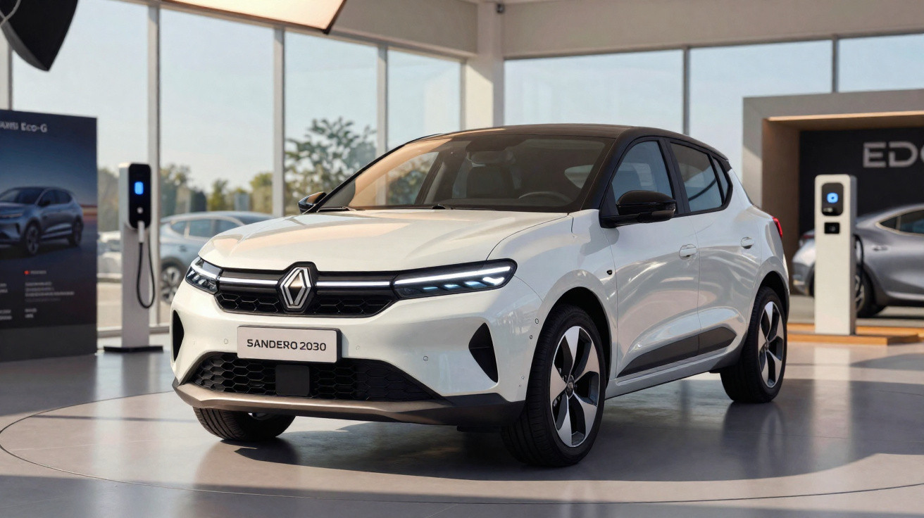 Carro branco Renault Sandero 2030 exibido em showroom moderno com iluminação natural e carregadores elétricos ao fundo.