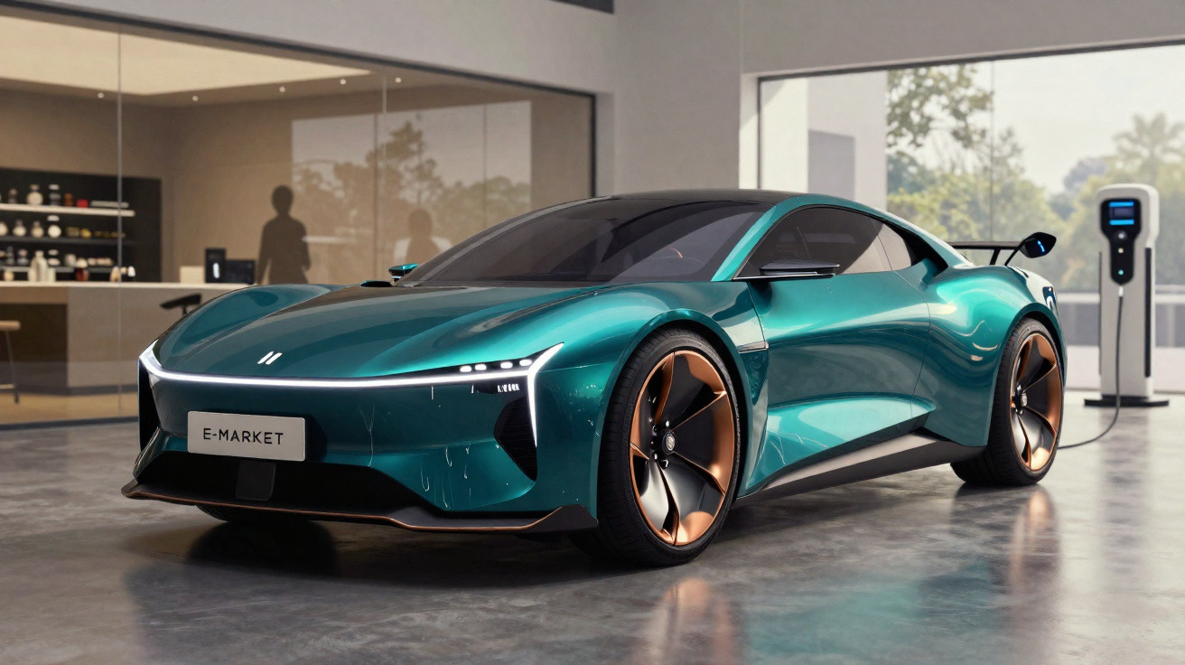 Carro esportivo elétrico verde metálico conectado a carregador em ambiente moderno e iluminado.