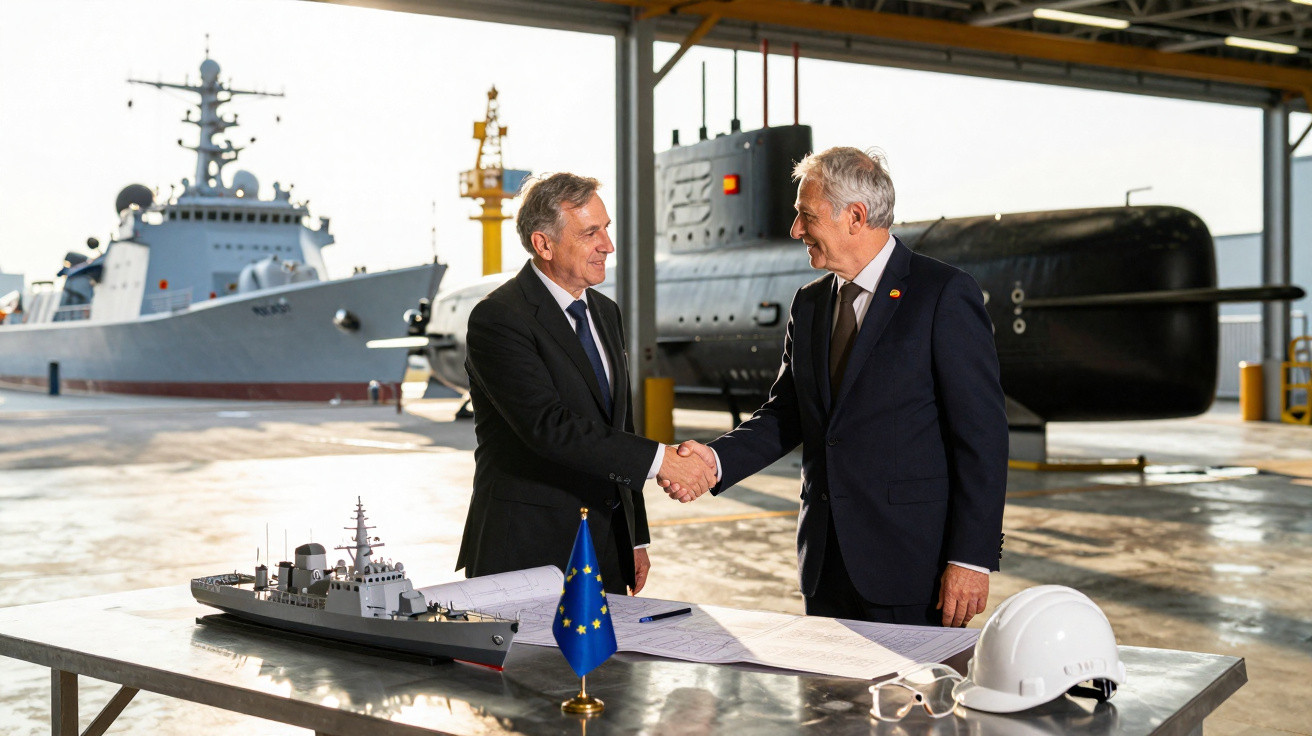 Dois homens de terno apertam as mãos em frente a modelos de navio e submarino em doca naval.