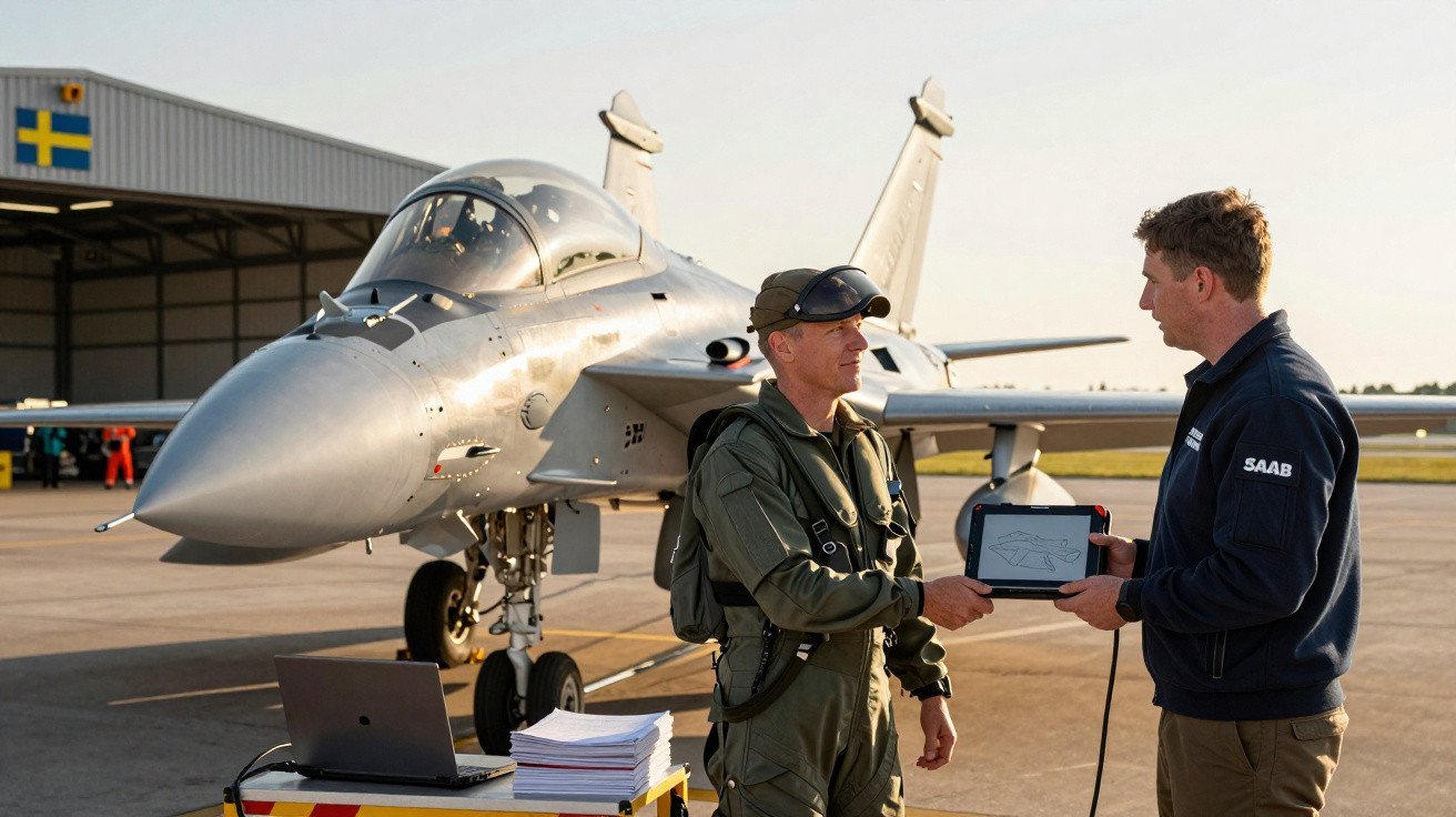 Dois homens trocando tablets em frente a um caça militar estacionado em base aérea com bandeira da Suécia.