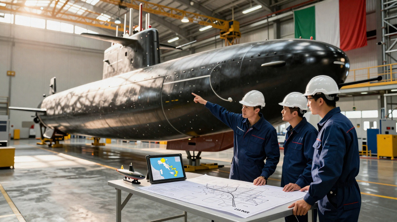 Três engenheiros em capacetes discutem planos em frente a um submarino preto em hangar industrial.