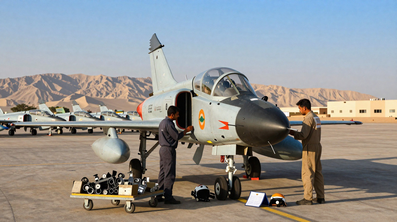 Técnicos realizam manutenção em caça militar estacionado em pista com montanhas ao fundo.