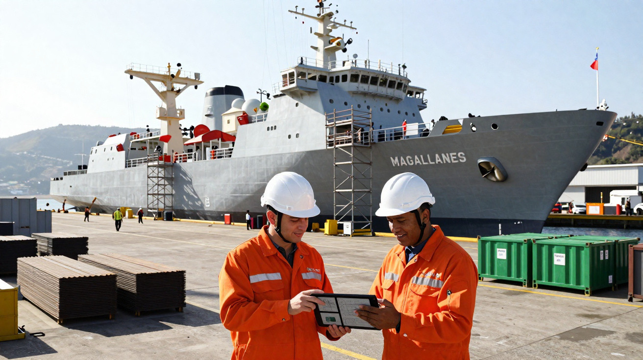 Dois trabalhadores com capacetes e macacões laranjas consultam prancha digital diante do navio Magallanes no porto.