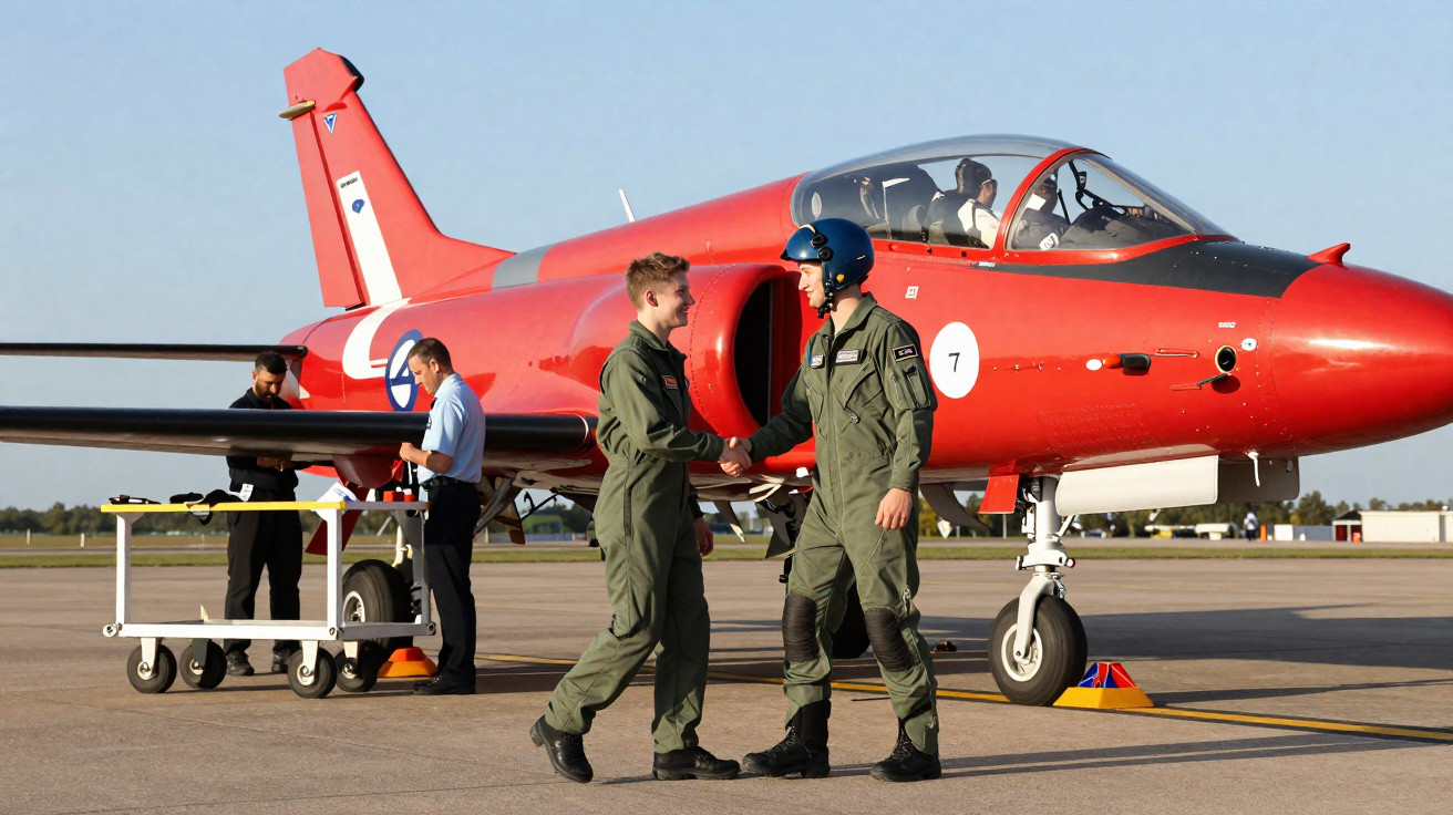 Dois pilotos apertam as mãos diante de avião vermelho estacionado em pista de aeroporto.