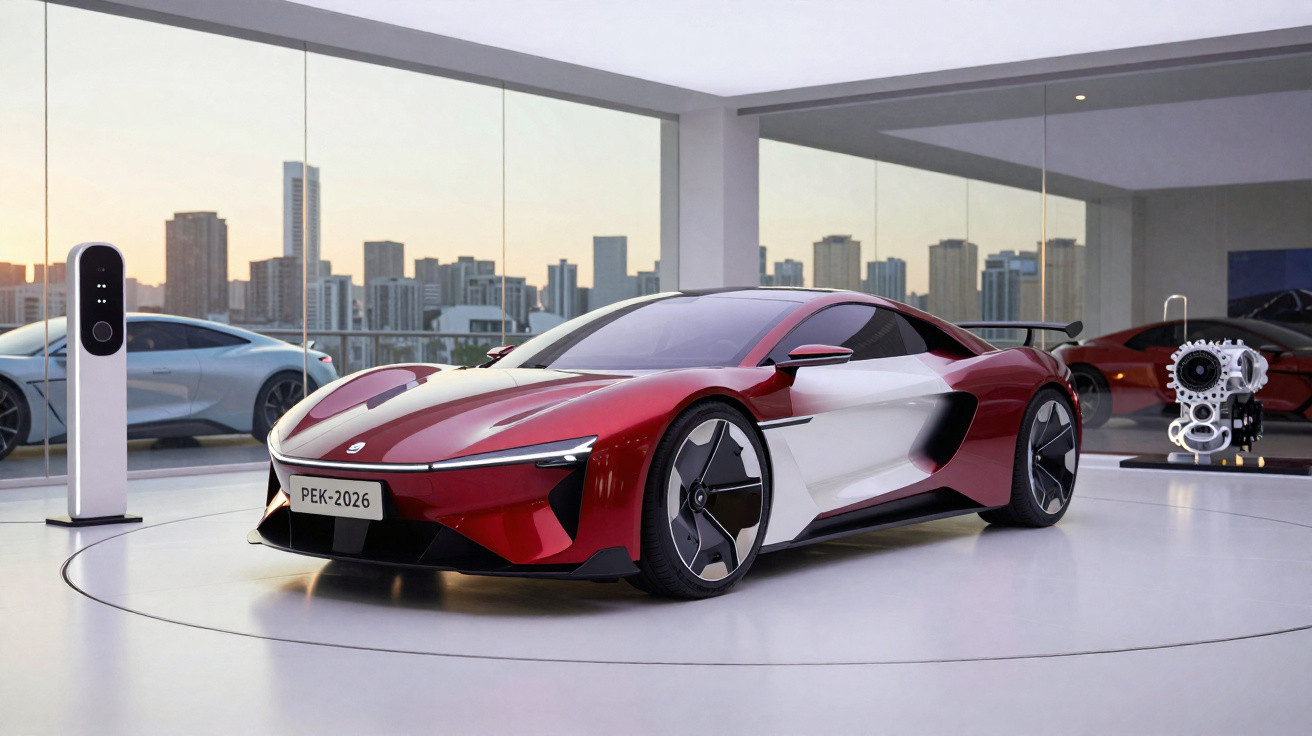 Carro esportivo elétrico vermelho e branco em exposição moderna com cidade ao fundo ao entardecer.