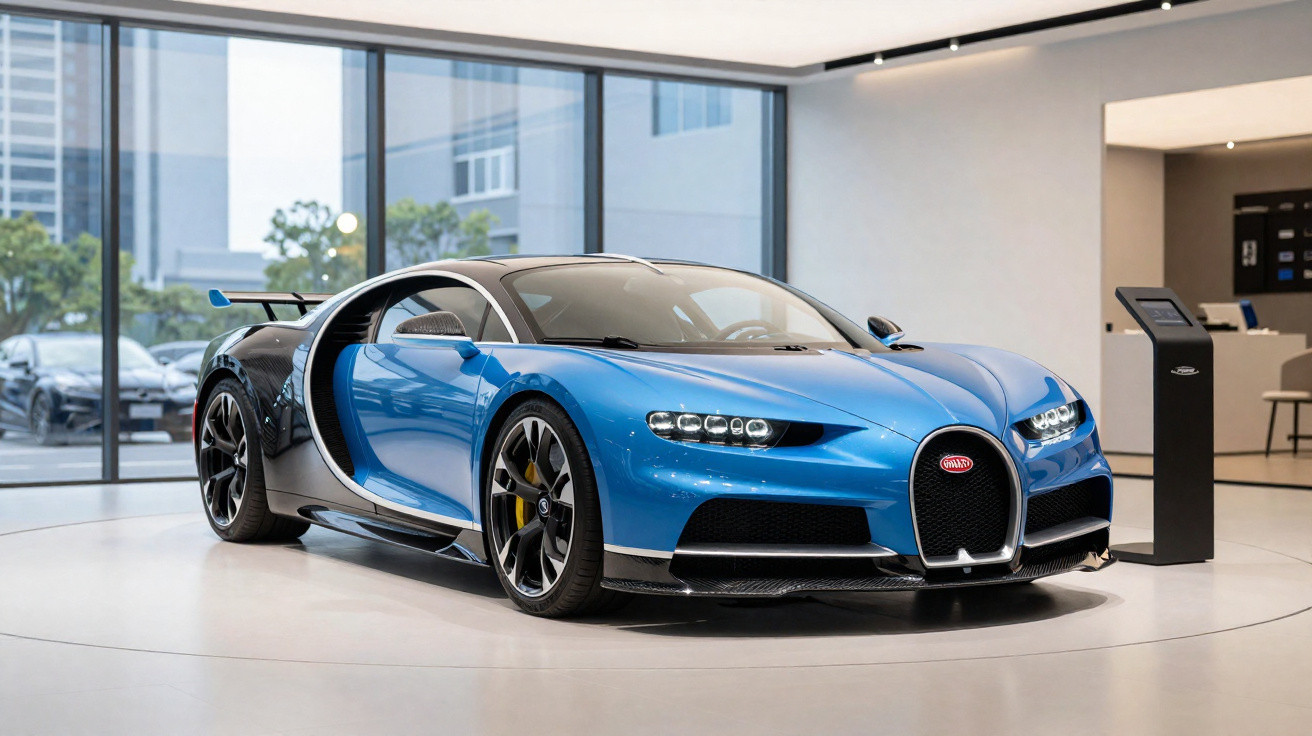 Carro esportivo azul Bugatti Chiron exibido em sala de exposição moderna com piso claro.