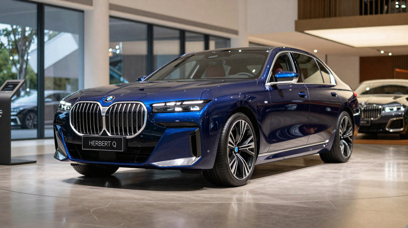 Carro BMW azul escuro modelo Herbert Q em exposição dentro de showroom moderno e iluminado.