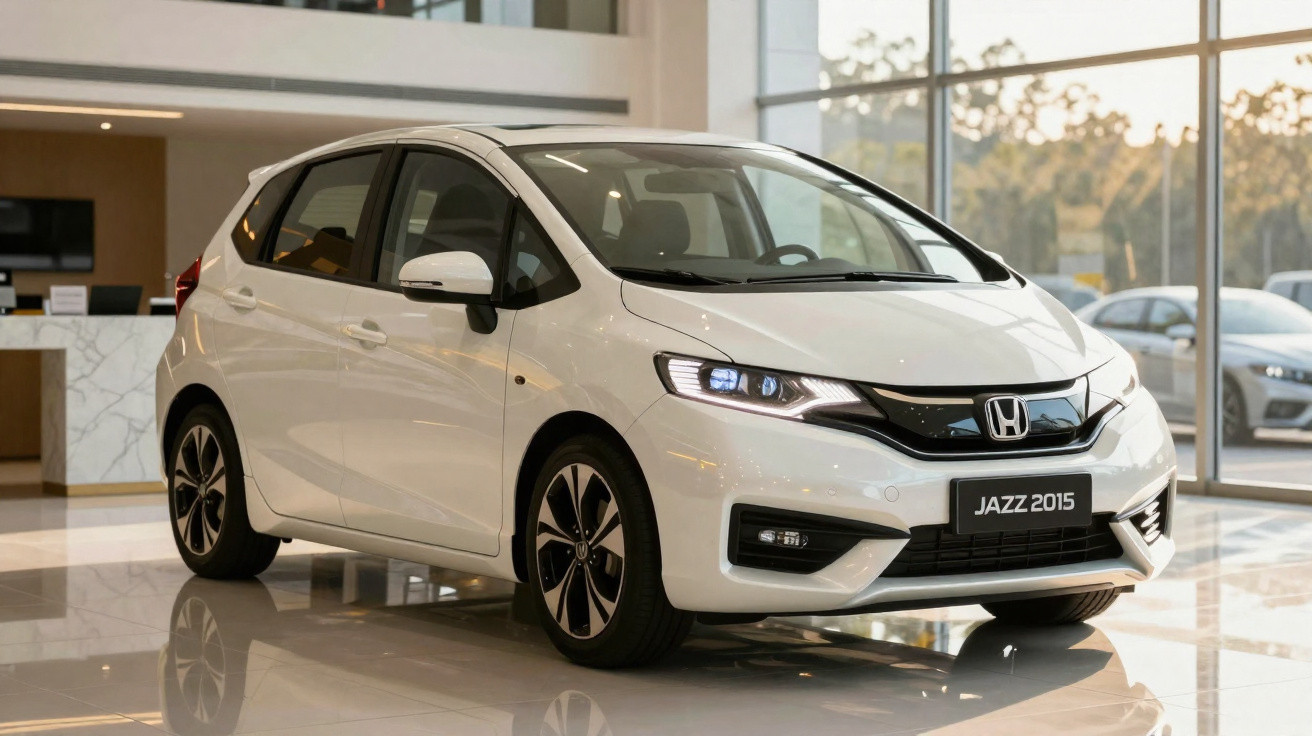 Carro branco Honda Jazz 2015 em exibição dentro de loja com piso brilhante e grandes janelas.