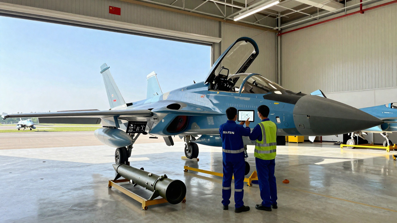 Caça militar azul em hangar com dois técnicos verificando dados em tablet, míssil no chão ao lado da aeronave.