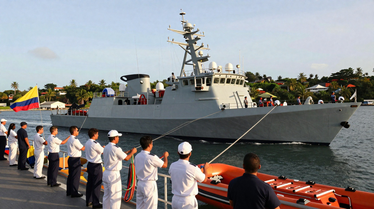 Pessoas em uniforme seguram cordas no cais enquanto navio militar cinza navega próximo à costa com bandeira da Colômbia.