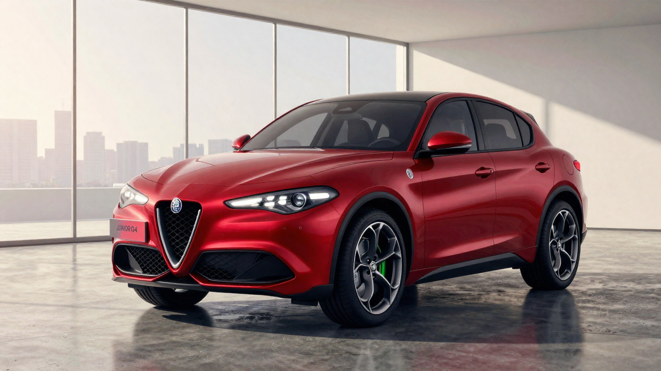 Carro SUV Alfa Romeo vermelho estacionado em ambiente interno com parede de vidro ao fundo.