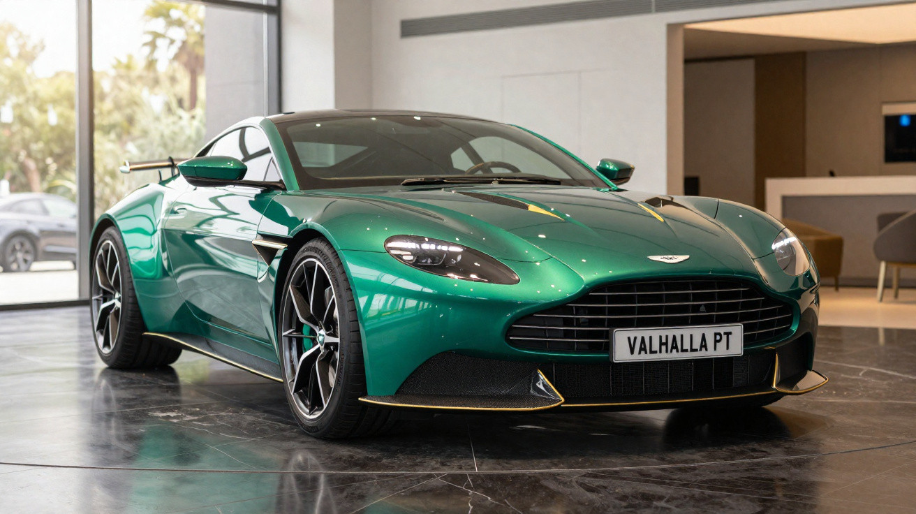Carro esportivo verde metálico Aston Martin Valhalla estacionado em showroom moderno com piso de mármore.