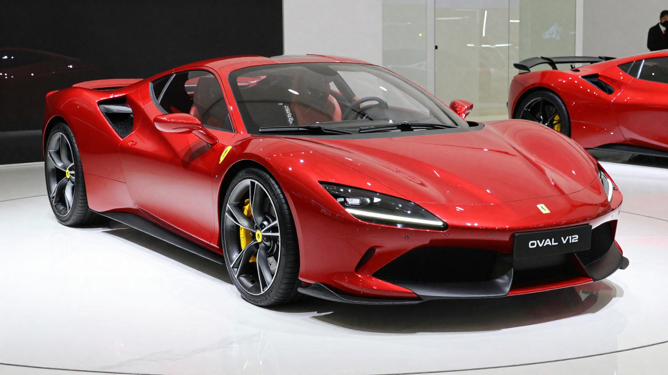 Carro esportivo Ferrari vermelho modelo Oval V12 em exposição com rodas pretas e amarelas.